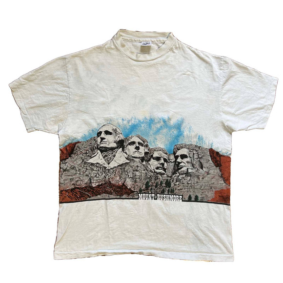 VINTAGE 80/90 ALL OVER PRINT MT RUSHMORE GRAPHIC TEE SHIRT MADE IN USA ANVIL XL - Picture 1 of 9